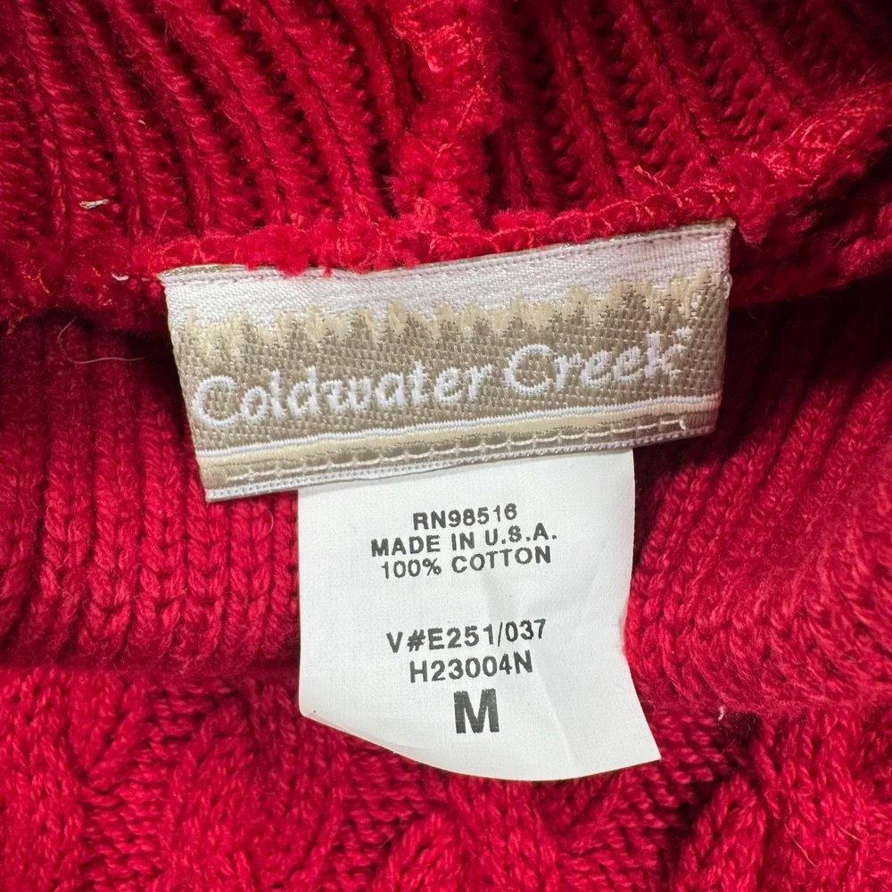 Coldwater Creek Red Heart Cable Knit Turtleneck Sweater Womens Medium Cotton USA